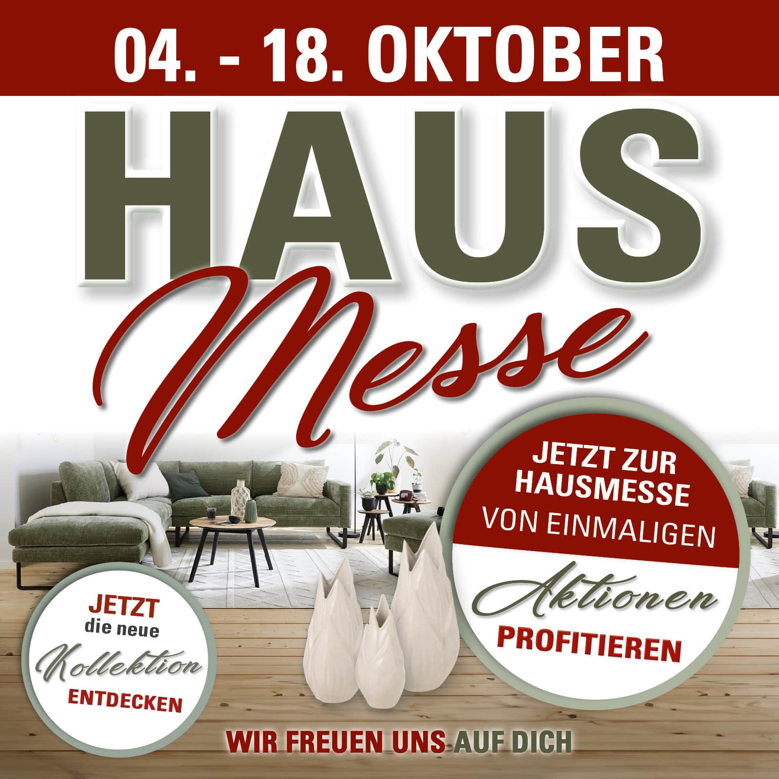 Werbung für eine Hausmesse mit Sofas, Vasen, Holzboden, und Aktionshinweisen auf Deutsch, Zeitraum: 04.-18. Oktober.