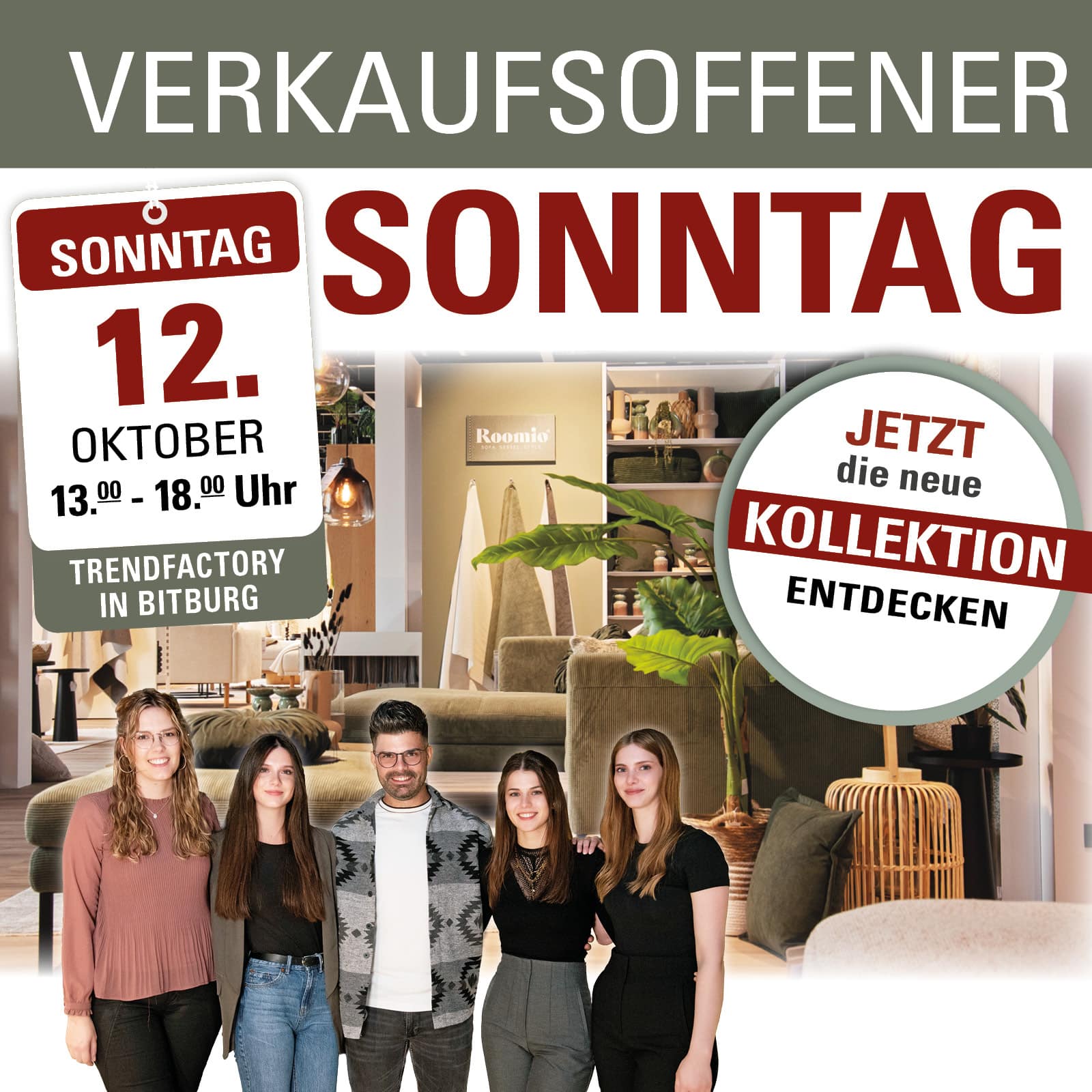 Plakat für einen Sonntagsverkauf am 12. Oktober, 13-18 Uhr, mit fünf Personen, die in einem modernen Möbelhaus posieren.